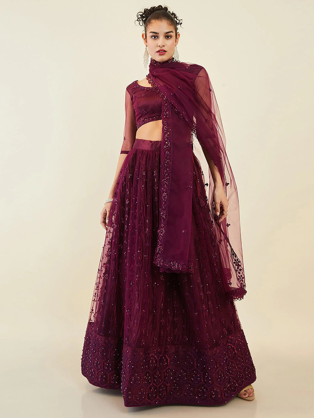 Stunning Wine Embroidered Net Wedding Wear Lehenga Choli With Dupatta - Zeel Clothing