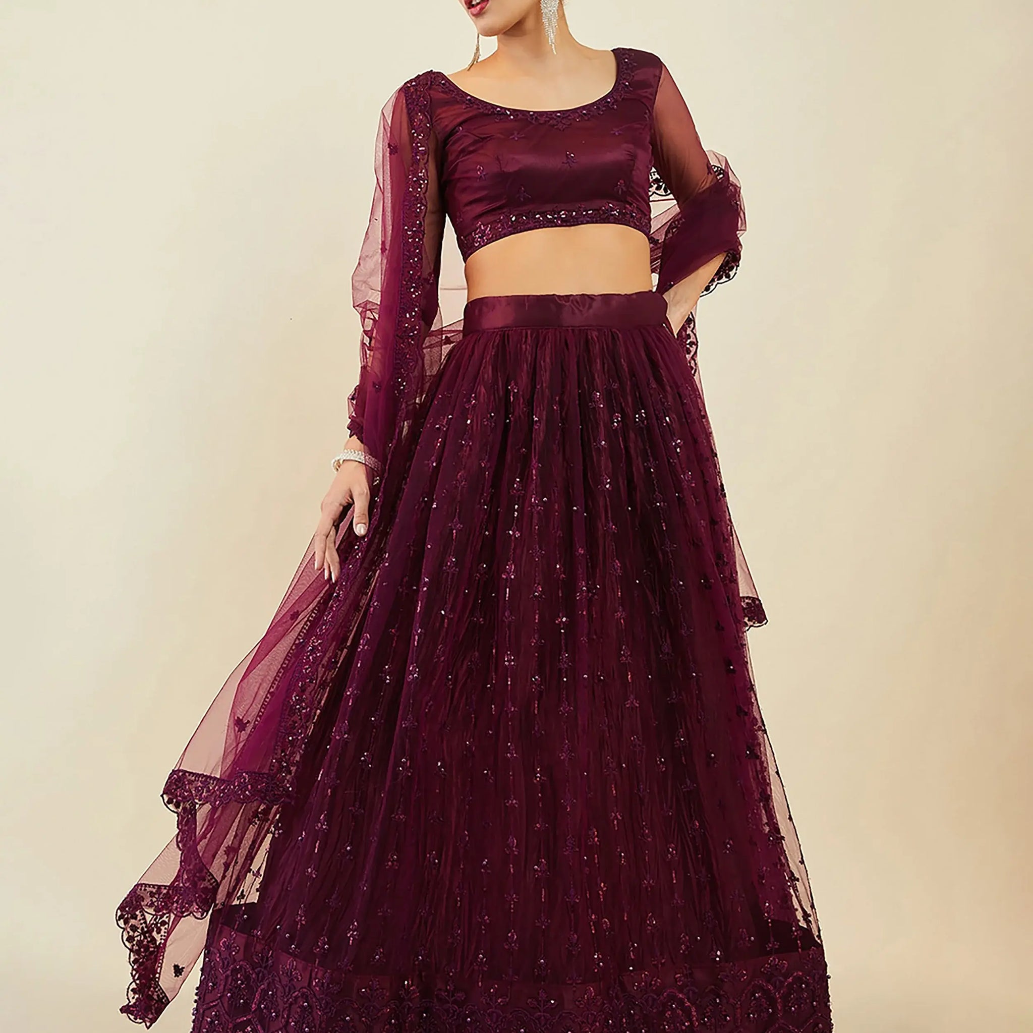 Stunning Wine Embroidered Net Wedding Wear Lehenga Choli With Dupatta - Zeel Clothing