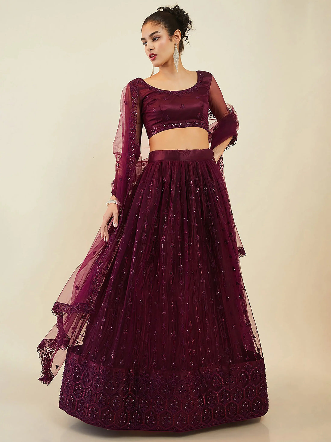 Stunning Wine Embroidered Net Wedding Wear Lehenga Choli With Dupatta - Zeel Clothing