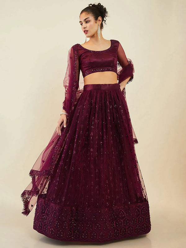 Stunning Wine Embroidered Net Wedding Wear Lehenga Choli With Dupatta - Zeel Clothing