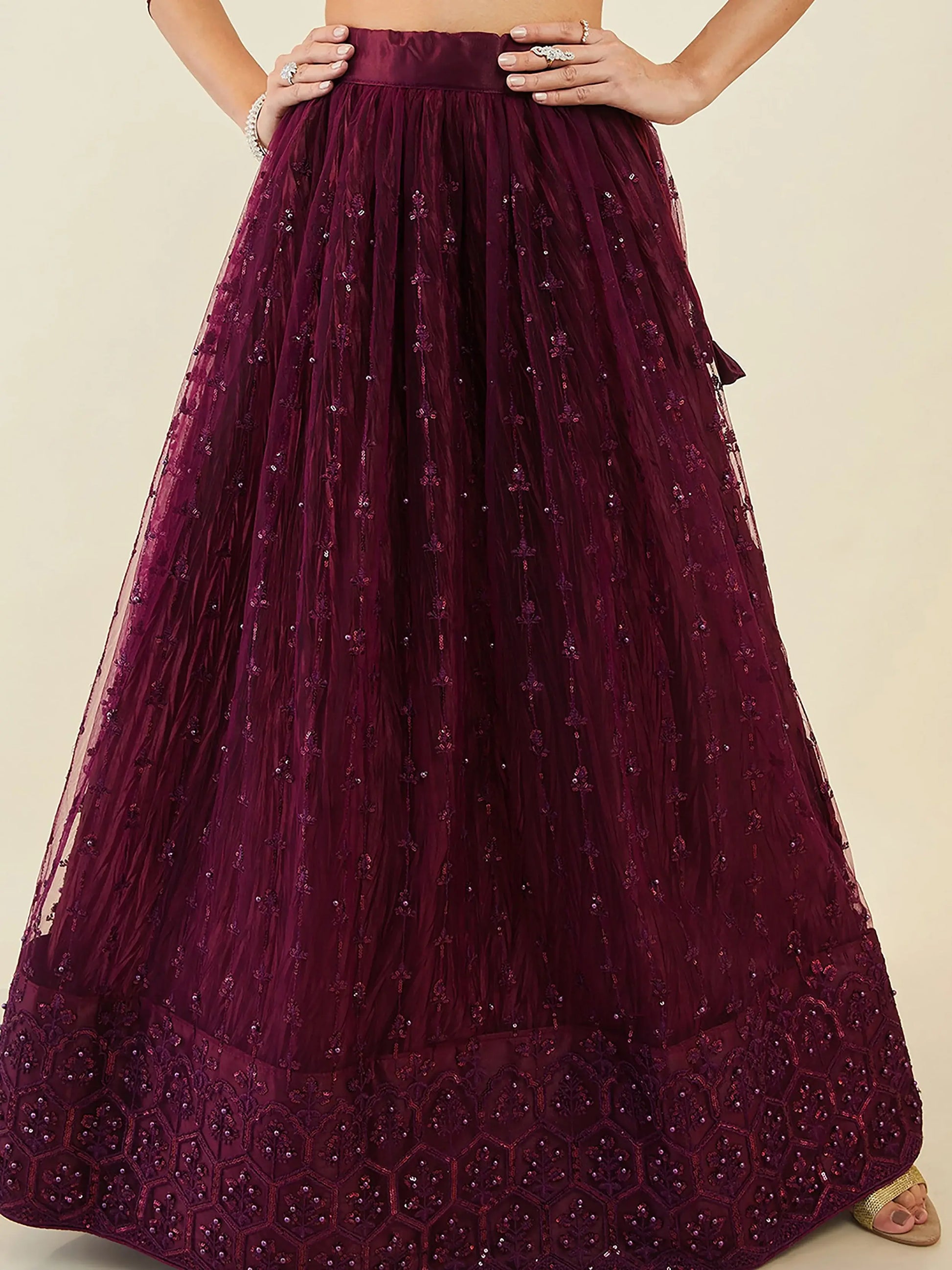 Stunning Wine Embroidered Net Wedding Wear Lehenga Choli With Dupatta - Zeel Clothing