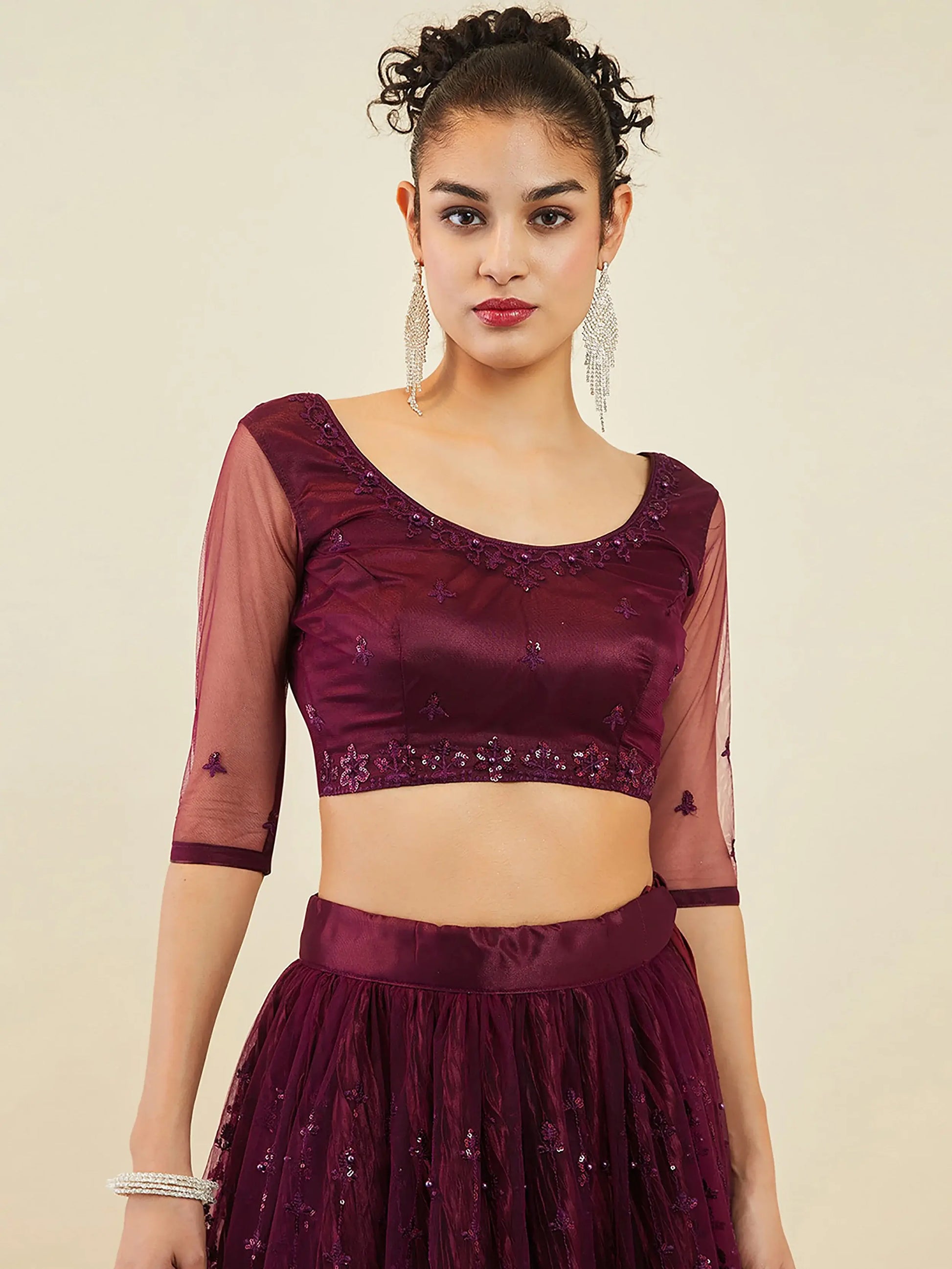 Stunning Wine Embroidered Net Wedding Wear Lehenga Choli With Dupatta - Zeel Clothing