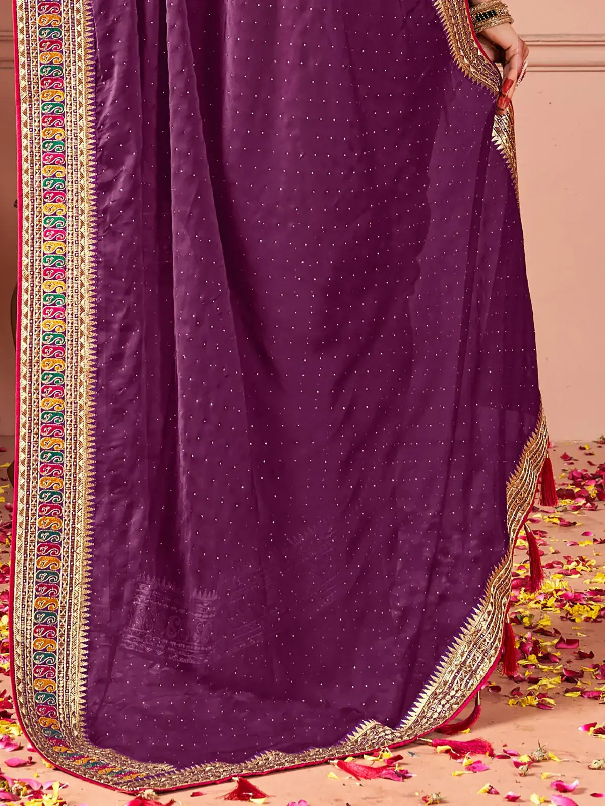 Stunning Wine Swarovski Work Silk Festive Wear Saree - Zeel Clothing