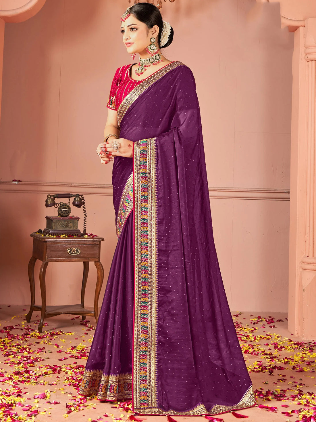 Stunning Wine Swarovski Work Silk Festive Wear Saree - Zeel Clothing