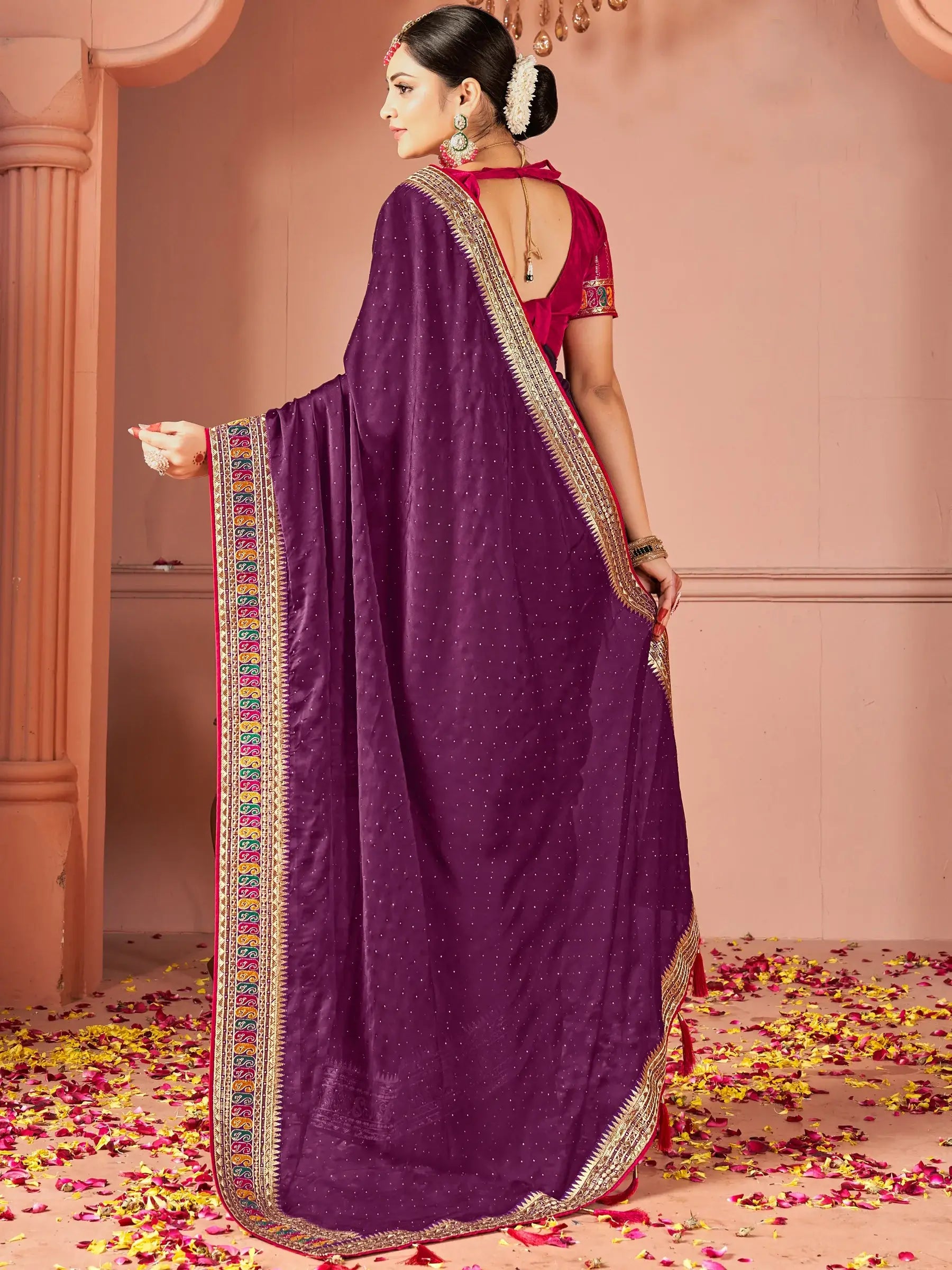 Stunning Wine Swarovski Work Silk Festive Wear Saree - Zeel Clothing