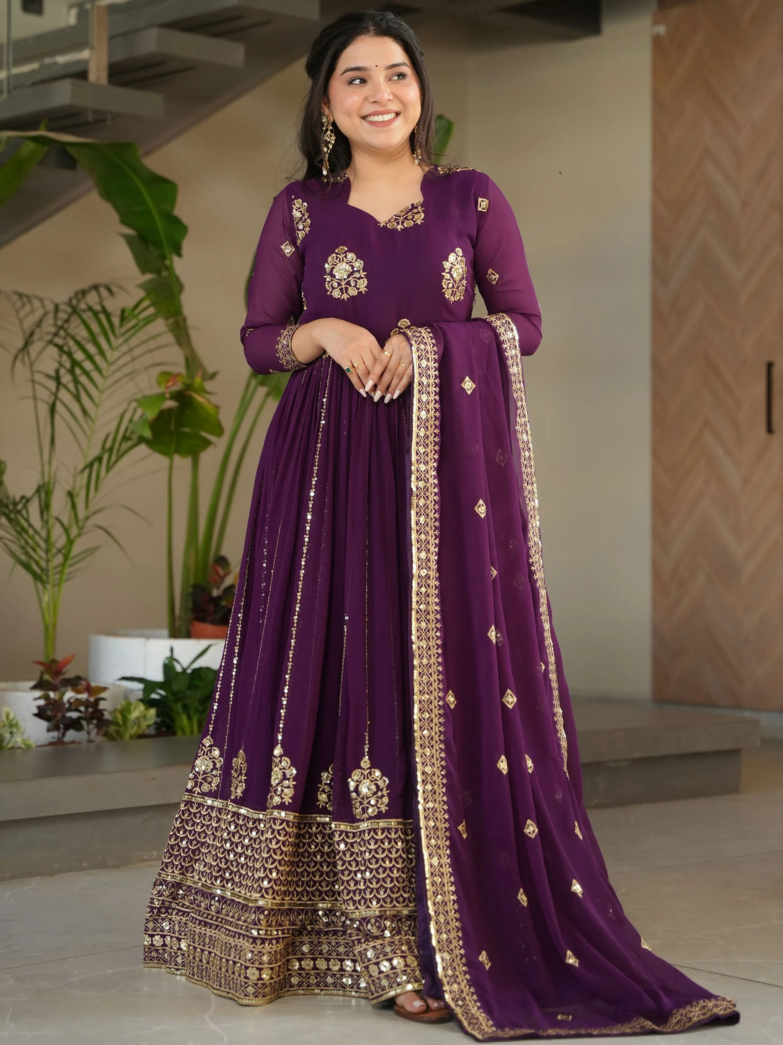 Stunning Wine Zari Embroidery Georgette Wedding Wear Gown With Dupatta - Zeel Clothing