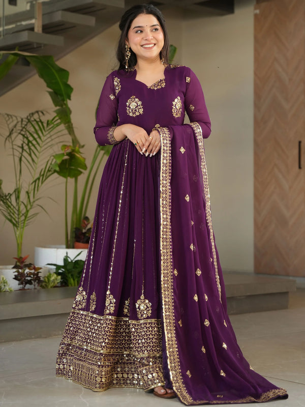 Stunning Wine Zari Embroidery Georgette Wedding Wear Gown With Dupatta - Zeel Clothing