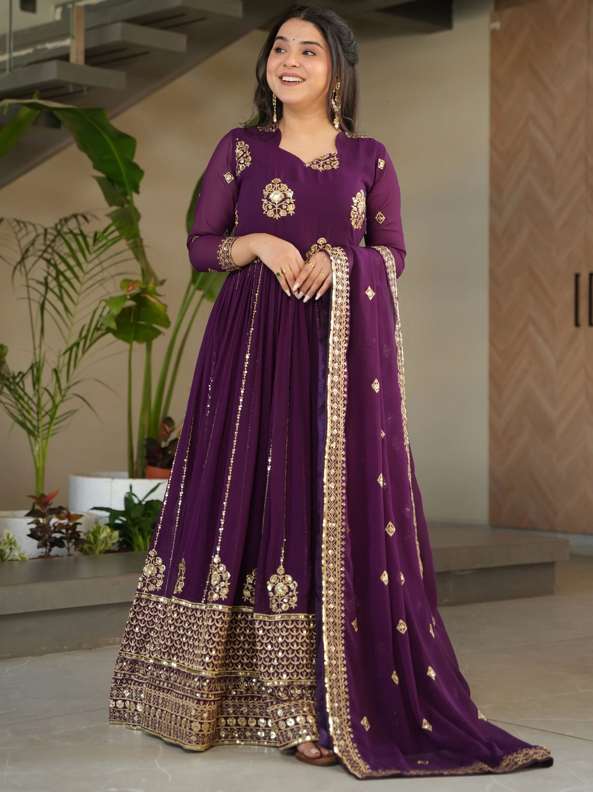 Stunning Wine Zari Embroidery Georgette Wedding Wear Gown With Dupatta - Zeel Clothing