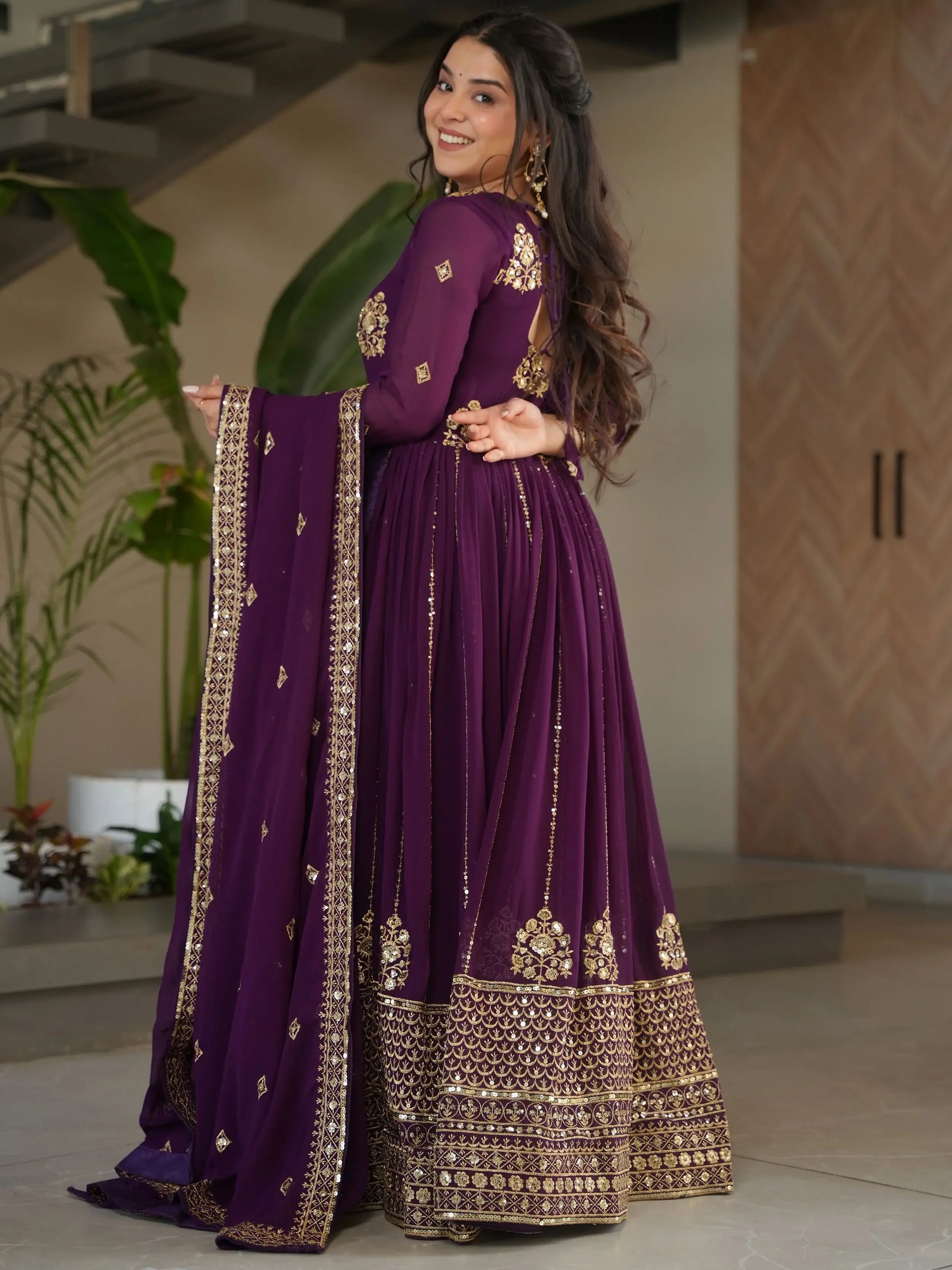 Stunning Wine Zari Embroidery Georgette Wedding Wear Gown With Dupatta - Zeel Clothing