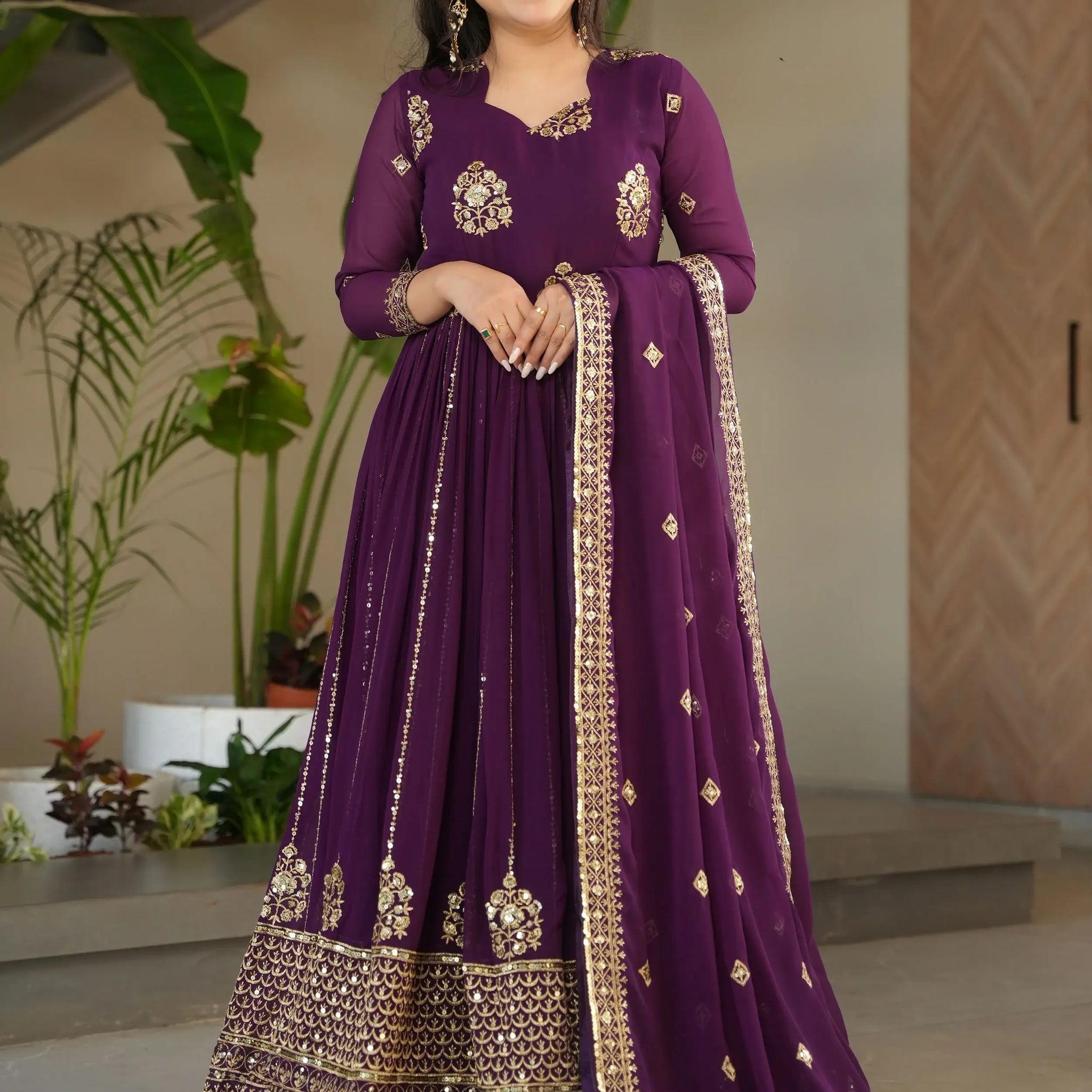 Stunning Wine Zari Embroidery Georgette Wedding Wear Gown With Dupatta - Zeel Clothing