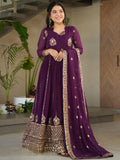 Stunning Wine Zari Embroidery Georgette Wedding Wear Gown With Dupatta - Zeel Clothing