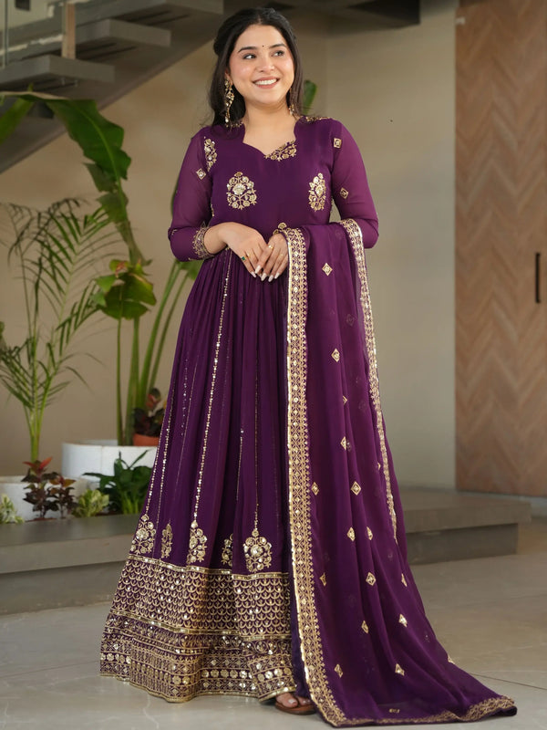 Stunning Wine Zari Embroidery Georgette Wedding Wear Gown With Dupatta - Zeel Clothing