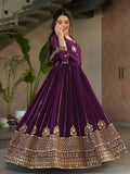 Stunning Wine Zari Embroidery Georgette Wedding Wear Gown With Dupatta - Zeel Clothing