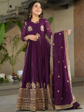 Stunning Wine Zari Embroidery Georgette Wedding Wear Gown With Dupatta - Zeel Clothing