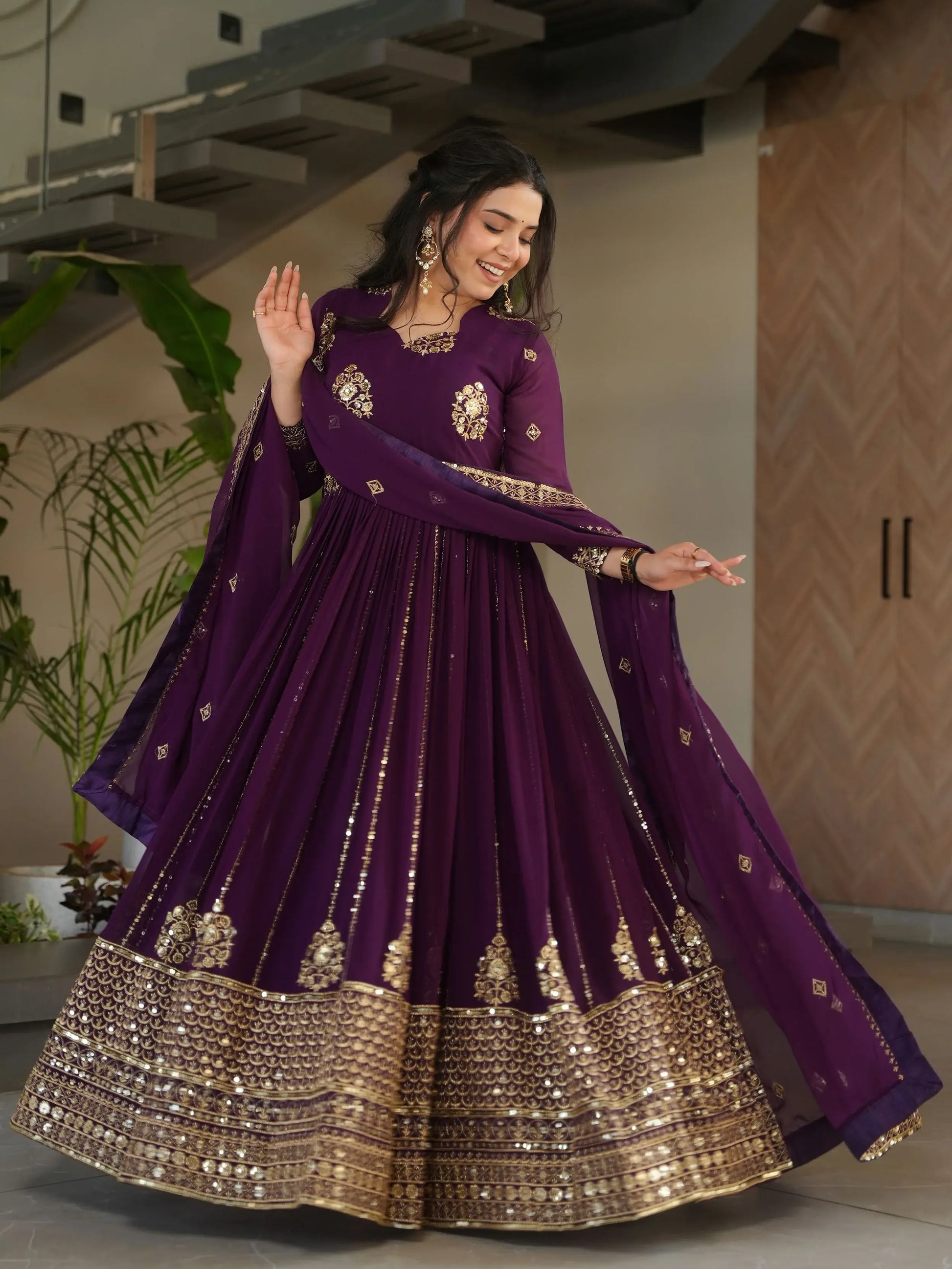 Stunning Wine Zari Embroidery Georgette Wedding Wear Gown With Dupatta - Zeel Clothing