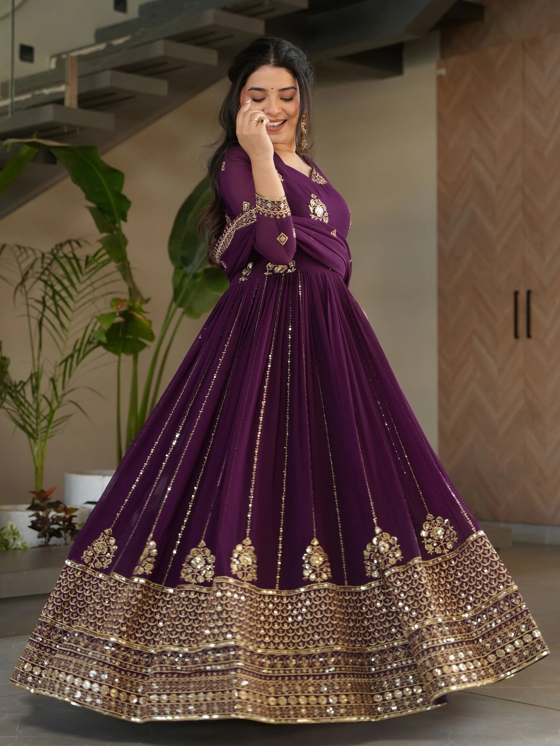 Stunning Wine Zari Embroidery Georgette Wedding Wear Gown With Dupatta - Zeel Clothing