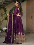 Stunning Wine Zari Embroidery Georgette Wedding Wear Gown With Dupatta - Zeel Clothing