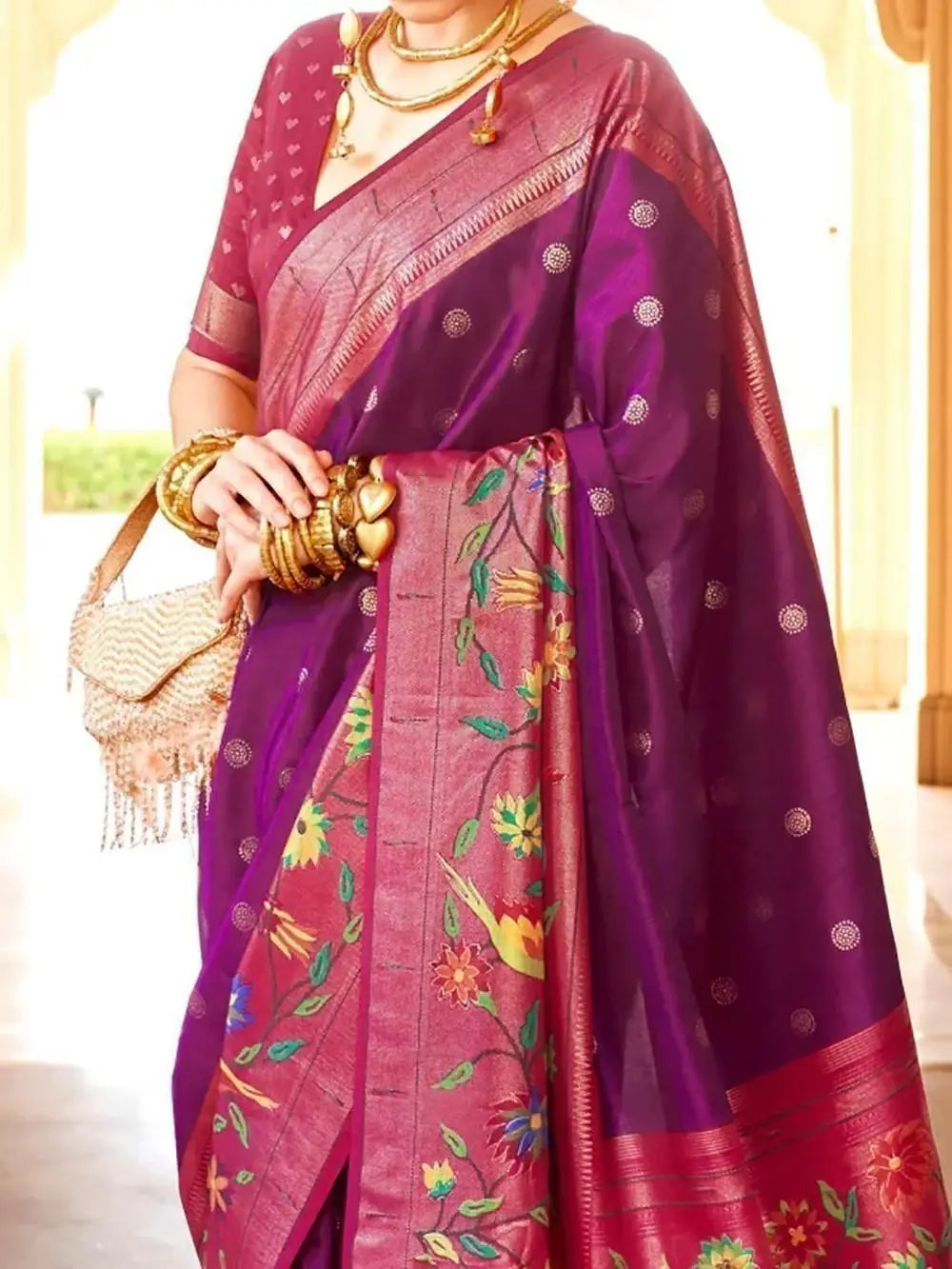 Stunning Wine Zari Weaving Silk Reception Wear Saree With Blouse - Zeel Clothing
