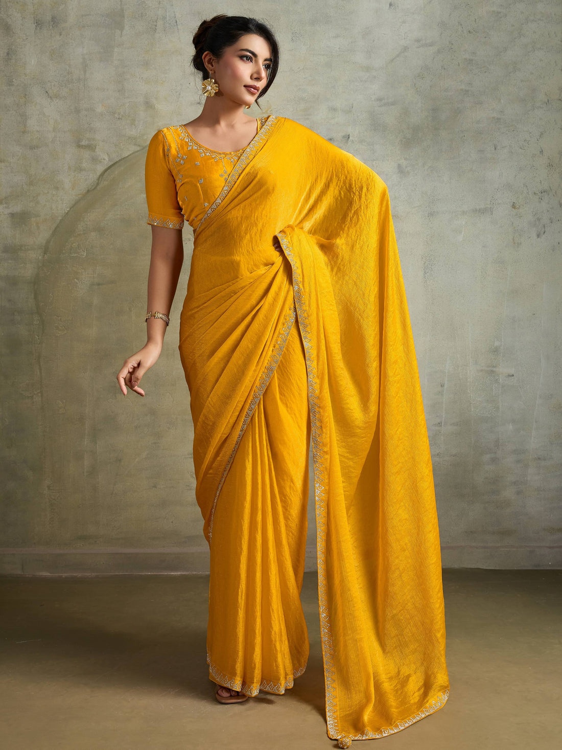 Stunning Yellow Chiffon Haldi Wear Saree With Jarkan Work Blouse