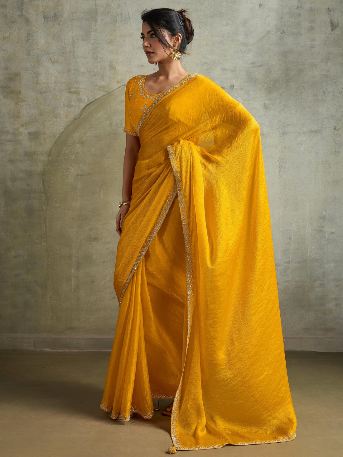 Stunning Yellow Chiffon Haldi Wear Saree With Jarkan Work Blouse