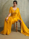 Stunning Yellow Chiffon Haldi Wear Saree With Jarkan Work Blouse