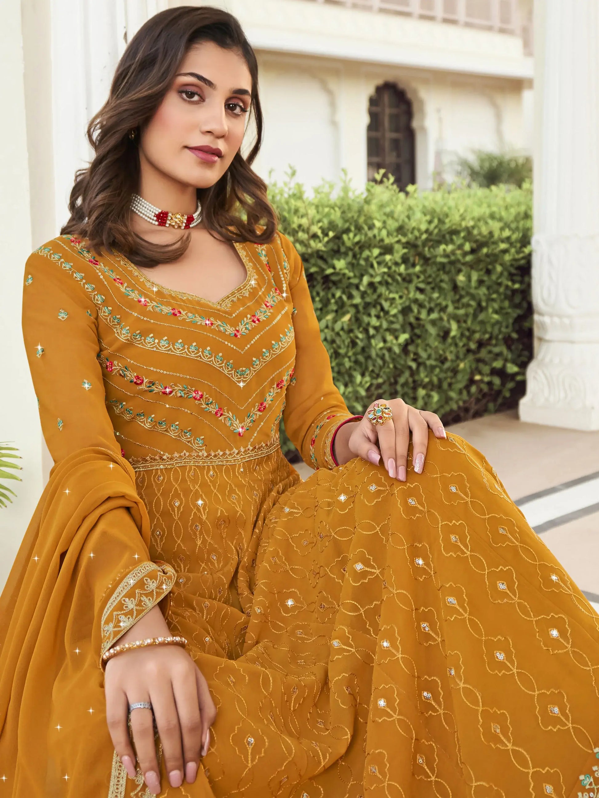 Stunning Yellow Embroidered Georgette Gown - Zeel Clothing