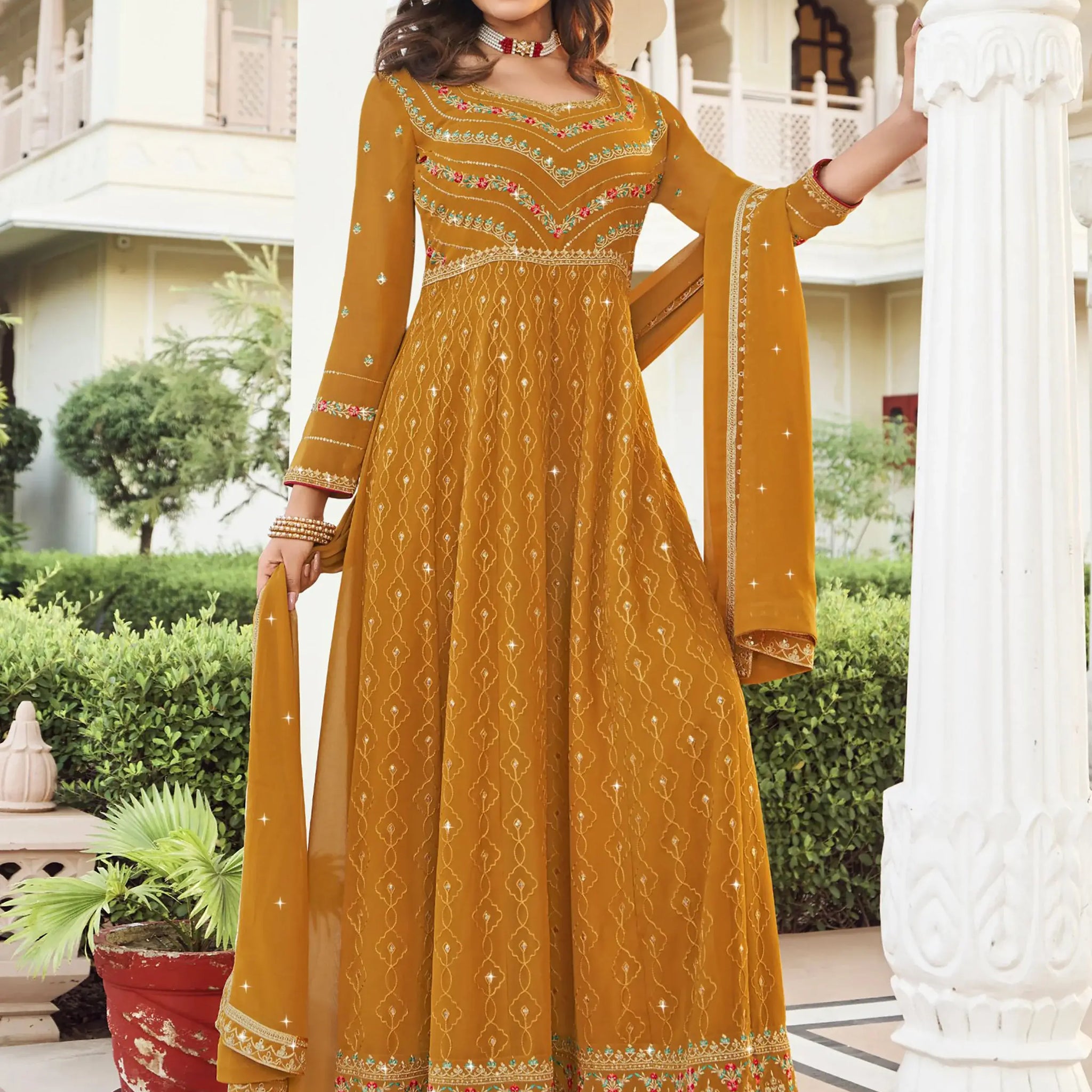 Stunning Yellow Embroidered Georgette Gown - Zeel Clothing