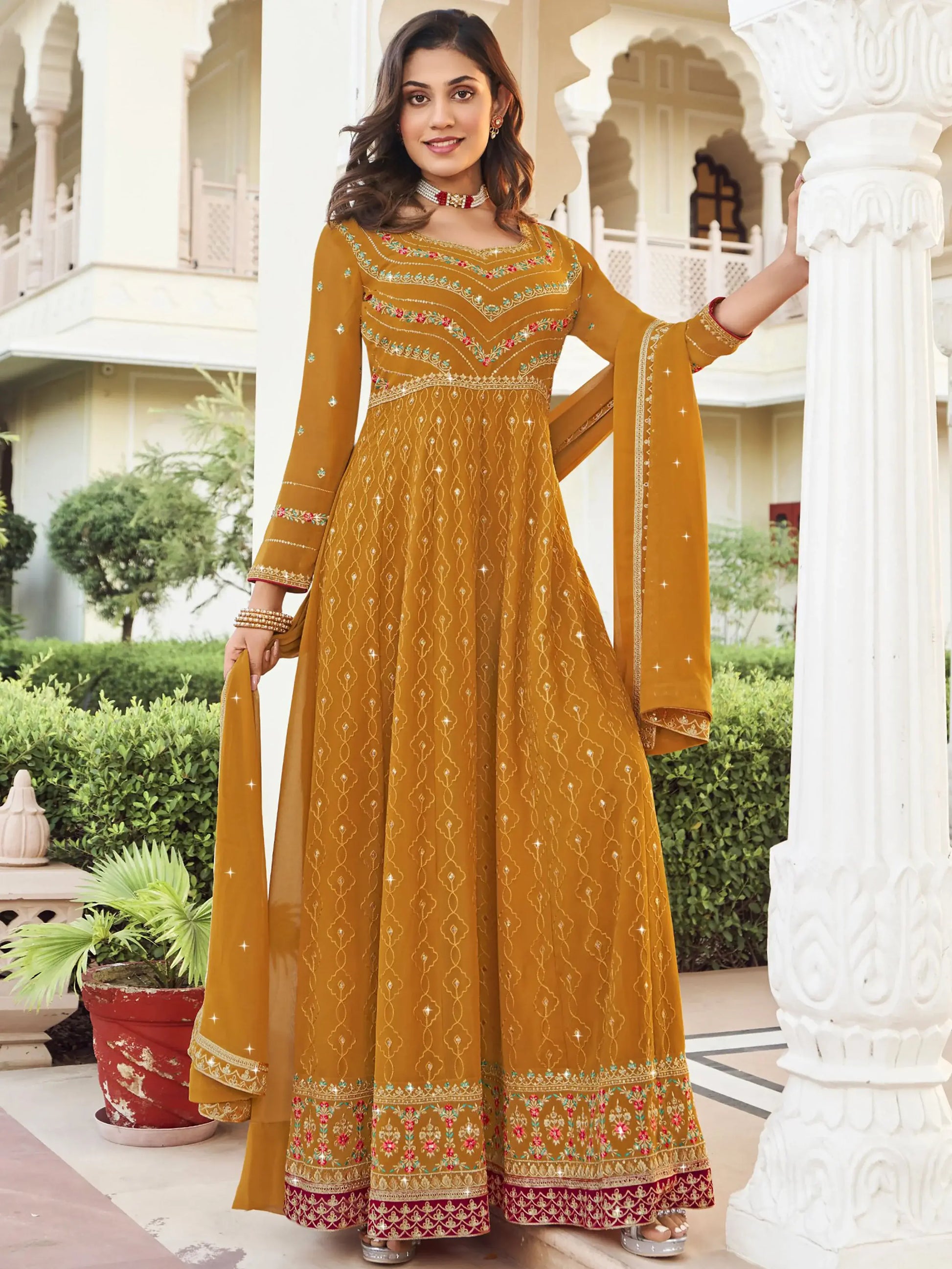 Stunning Yellow Embroidered Georgette Gown - Zeel Clothing