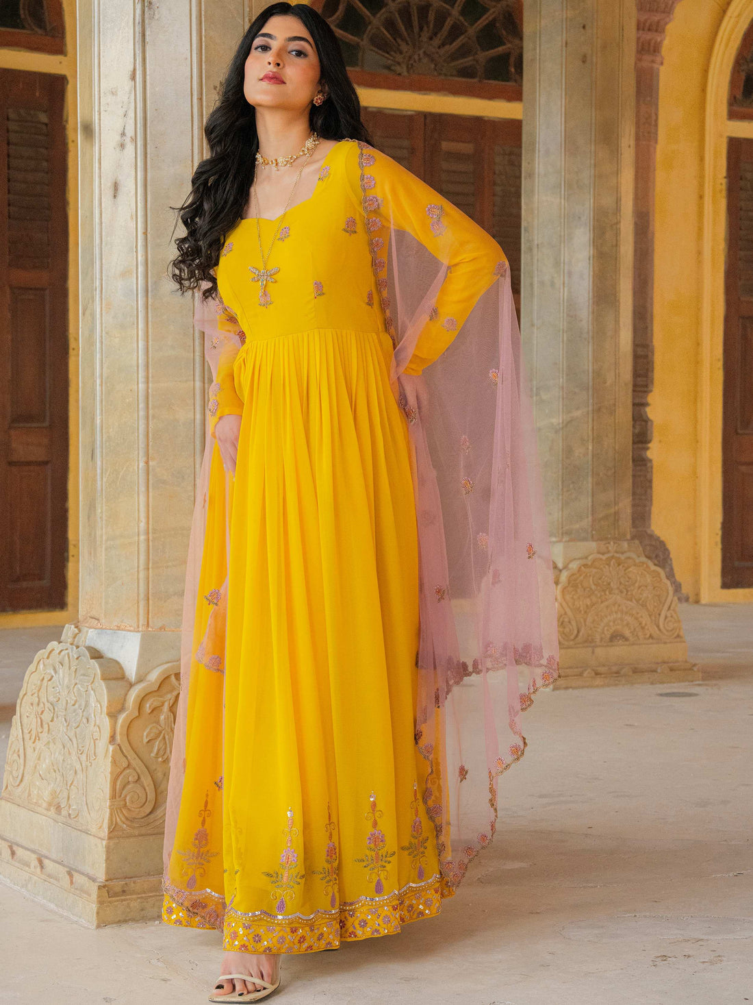 Stunning Yellow Sequins Work Georgette Festive Wear Gown With Dupatta