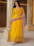 Stunning Yellow Sequins Work Georgette Festive Wear Gown With Dupatta