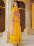 Stunning Yellow Sequins Work Georgette Festive Wear Gown With Dupatta