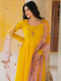 Stunning Yellow Sequins Work Georgette Festive Wear Gown With Dupatta