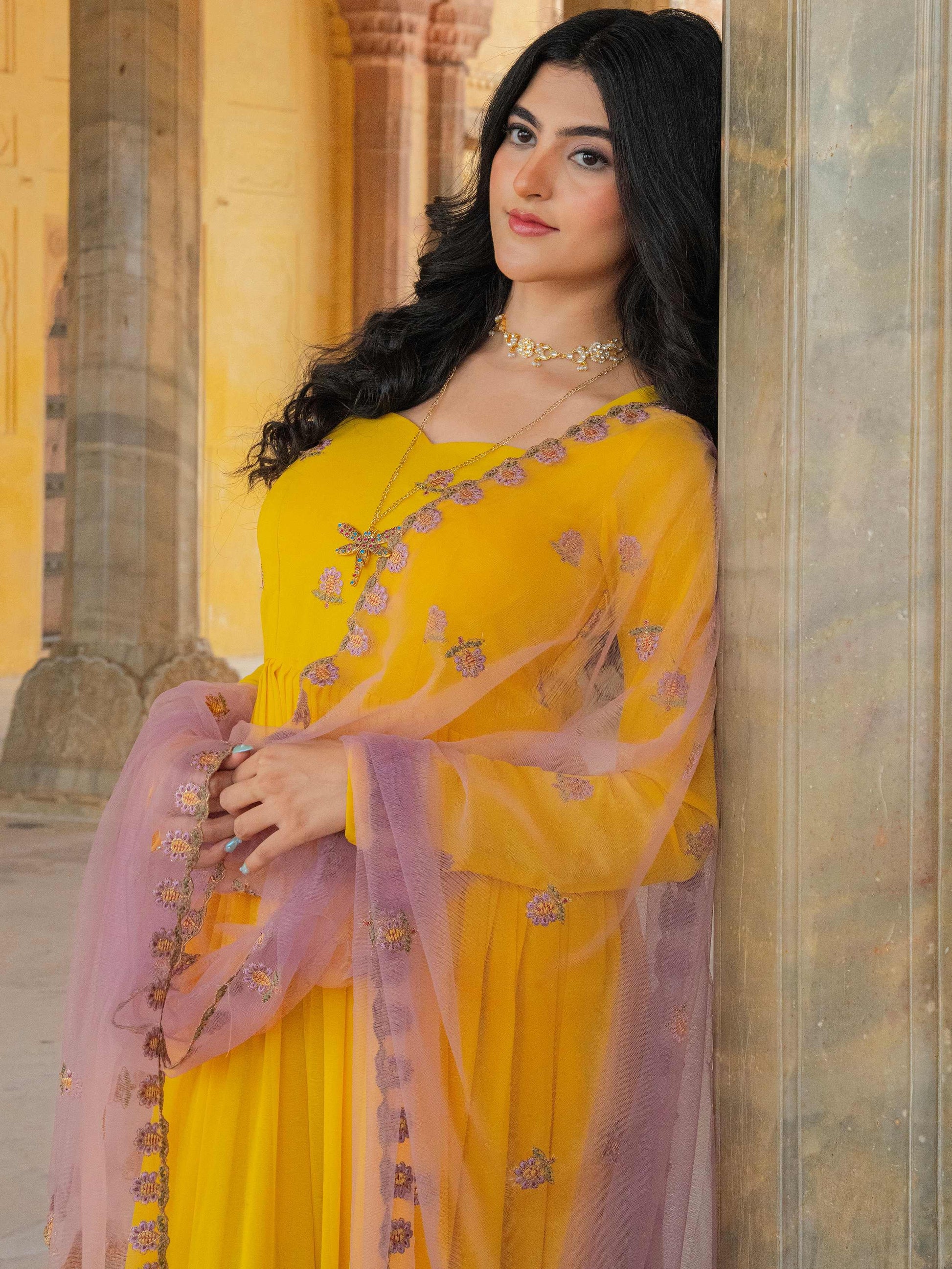 Stunning Yellow Sequins Work Georgette Festive Wear Gown With Dupatta
