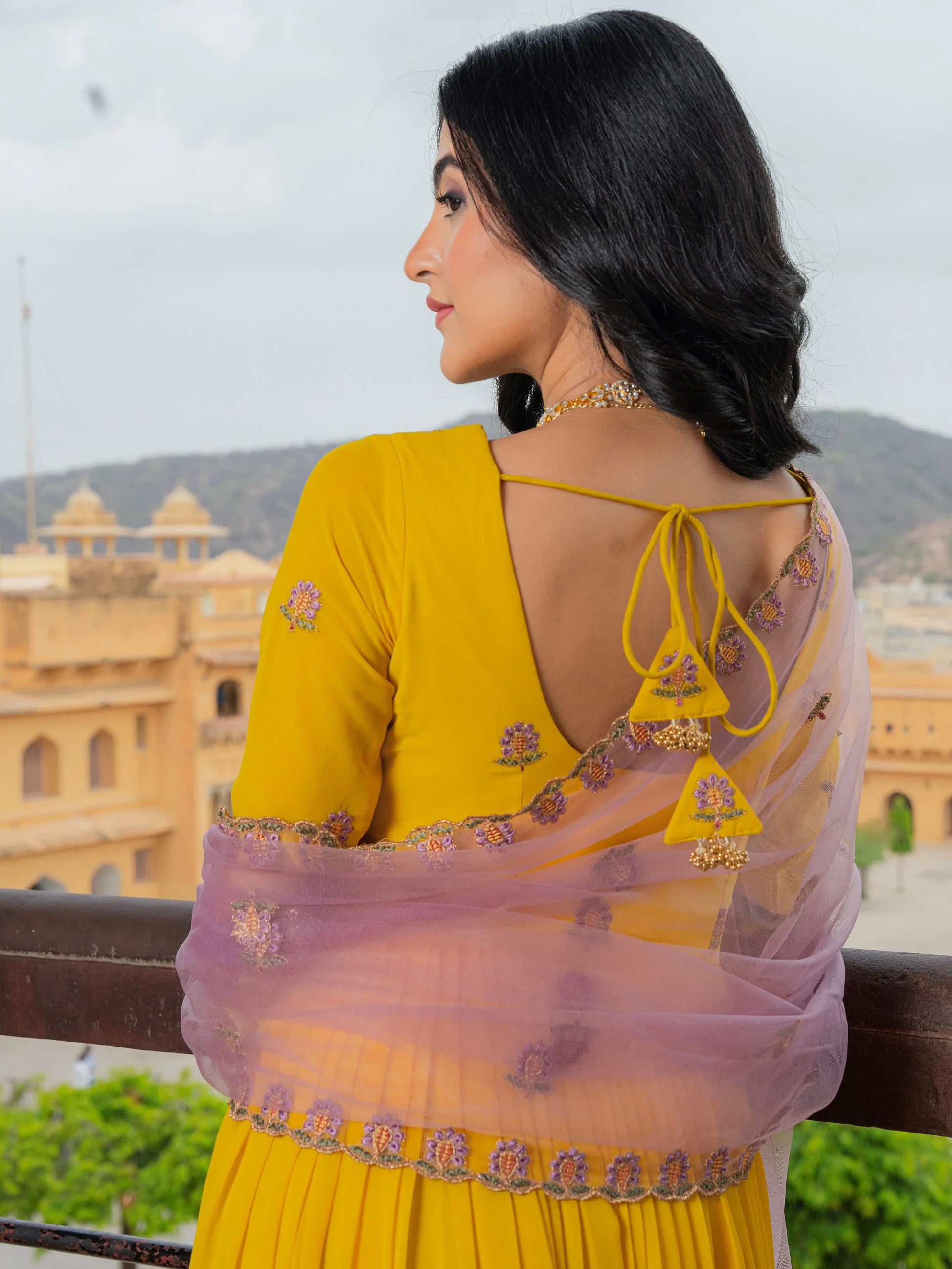 Stunning Yellow Sequins Work Georgette Festive Wear Gown With Dupatta