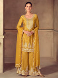 Stunning Yellow Thread Work Chinon Haldi Wear Palazzo Suit With Dupatta - Zeel Clothing