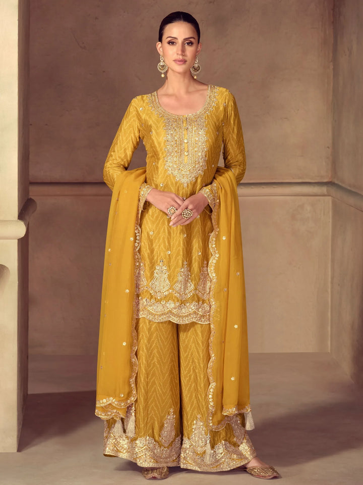 Stunning Yellow Thread Work Chinon Haldi Wear Palazzo Suit With Dupatta - Zeel Clothing