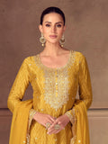 Stunning Yellow Thread Work Chinon Haldi Wear Palazzo Suit With Dupatta - Zeel Clothing