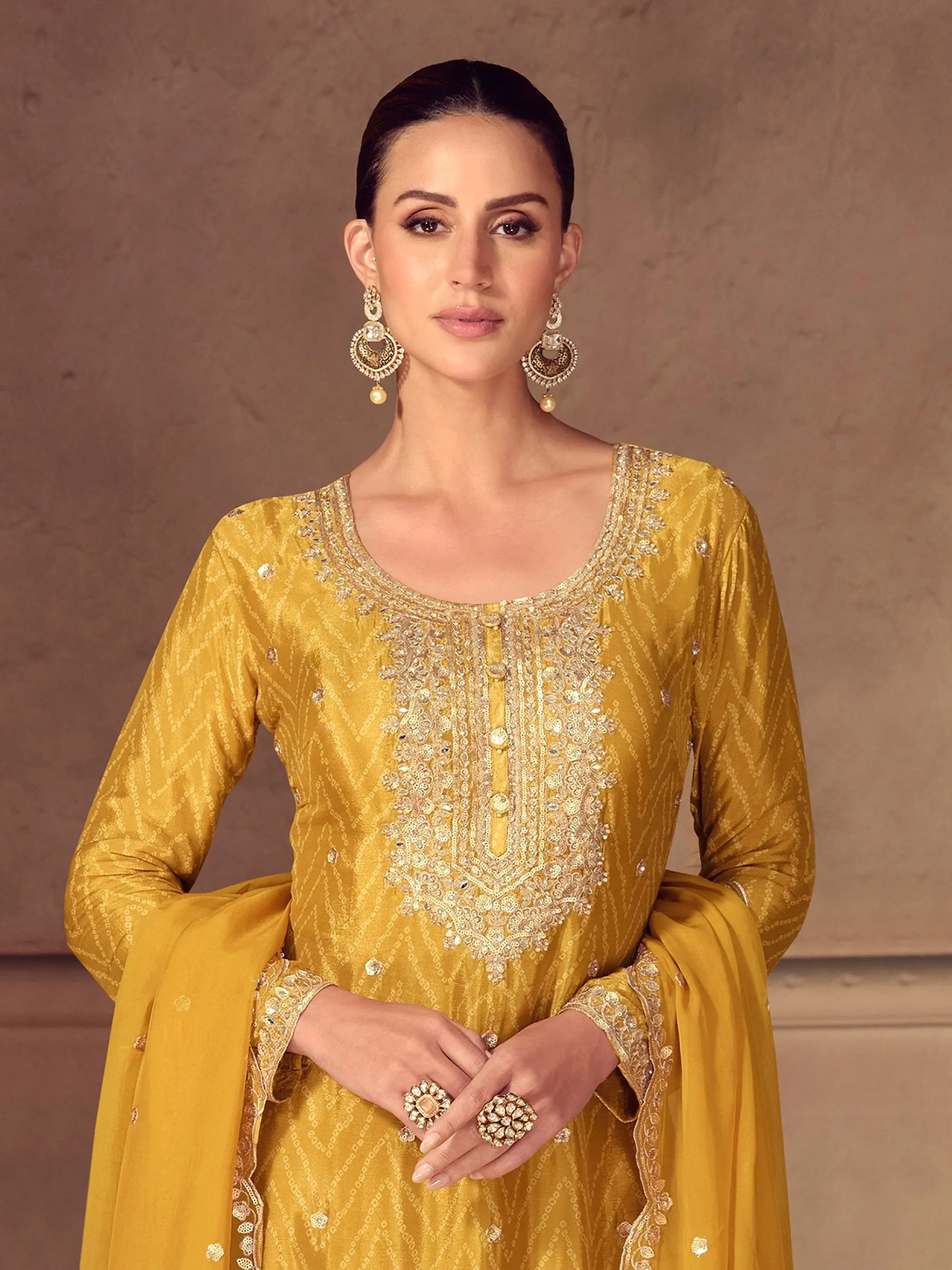 Stunning Yellow Thread Work Chinon Haldi Wear Palazzo Suit With Dupatta - Zeel Clothing
