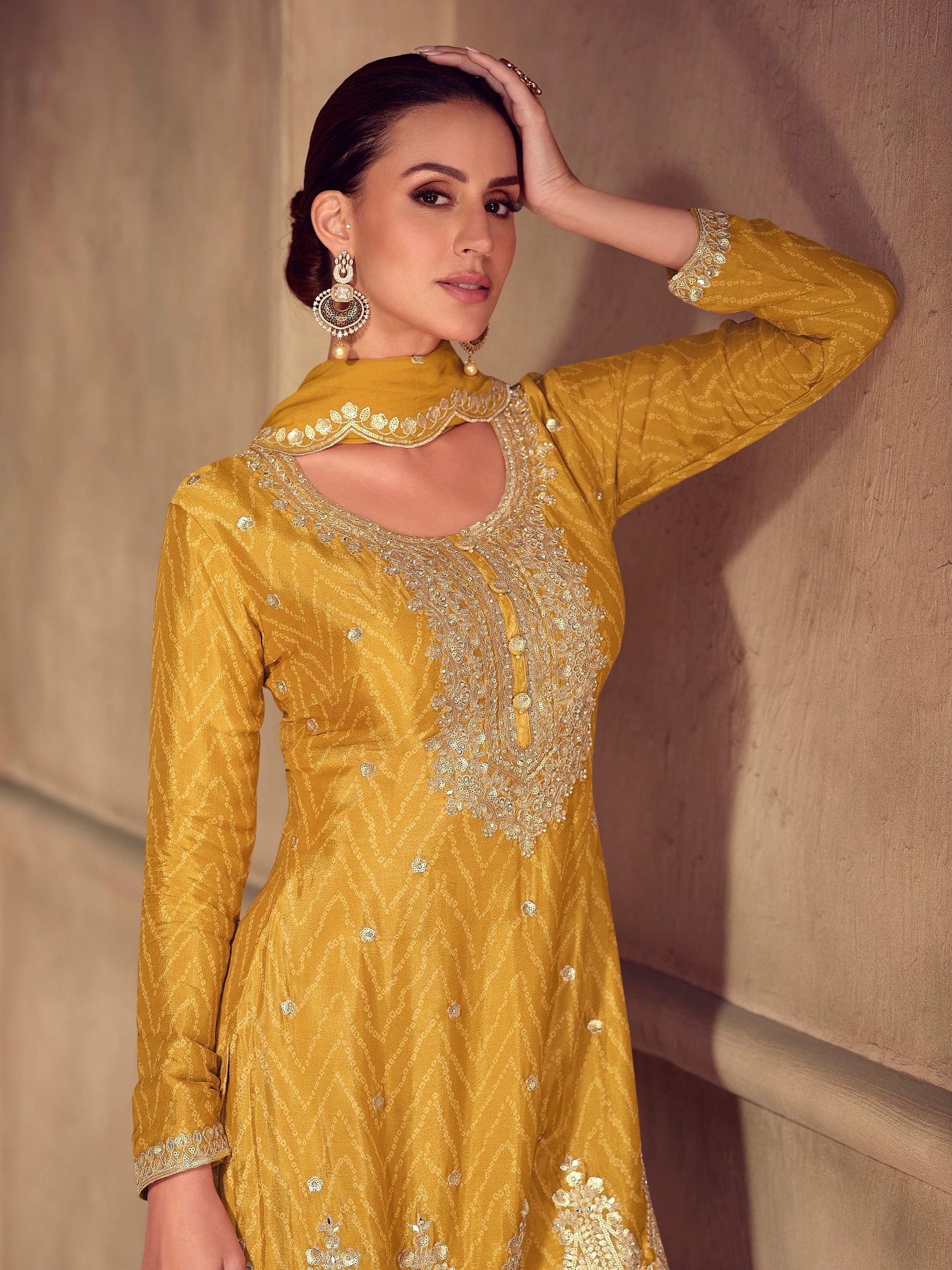 Stunning Yellow Thread Work Chinon Haldi Wear Palazzo Suit With Dupatta - Zeel Clothing