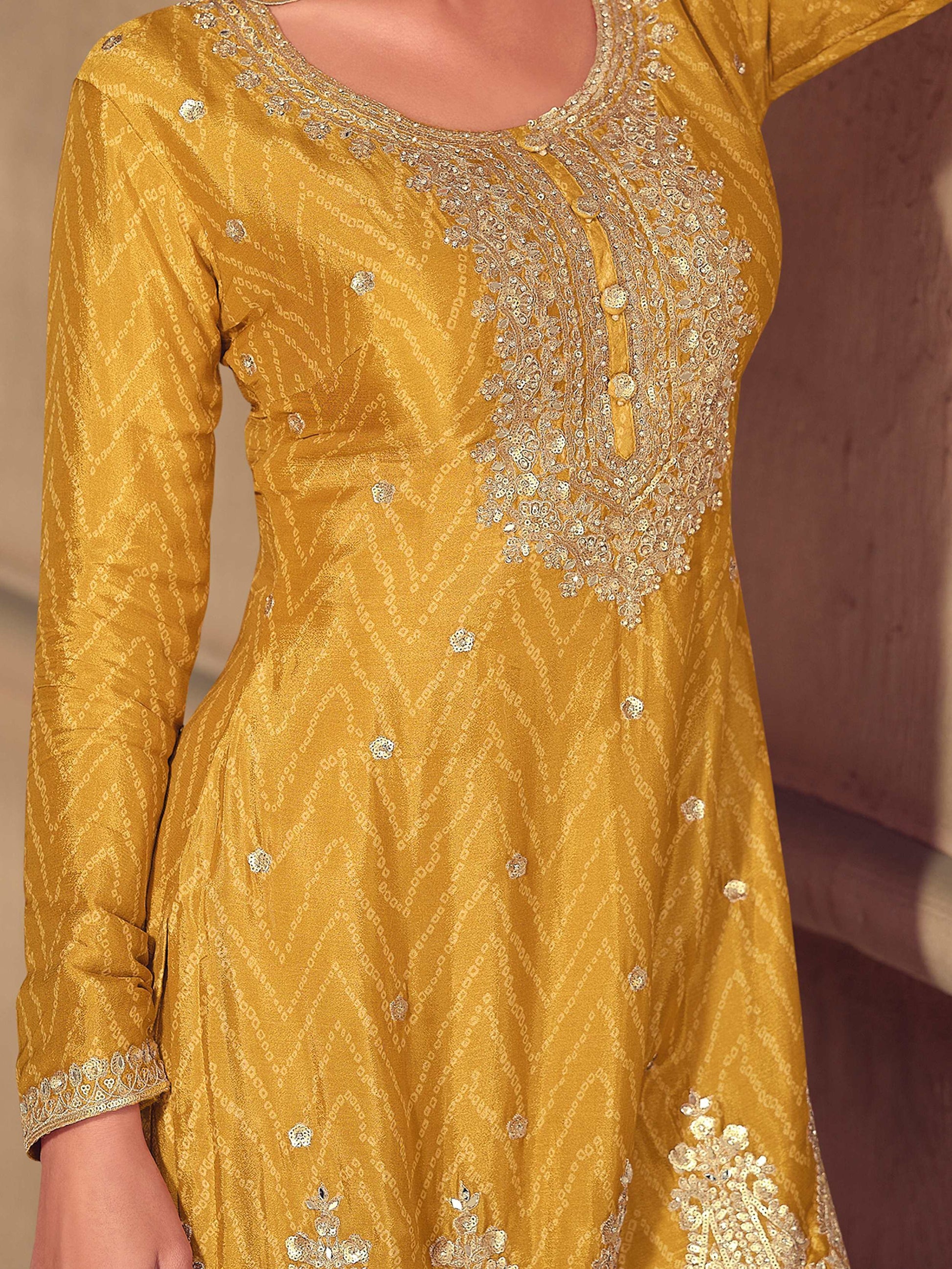 Stunning Yellow Thread Work Chinon Haldi Wear Palazzo Suit With Dupatta - Zeel Clothing