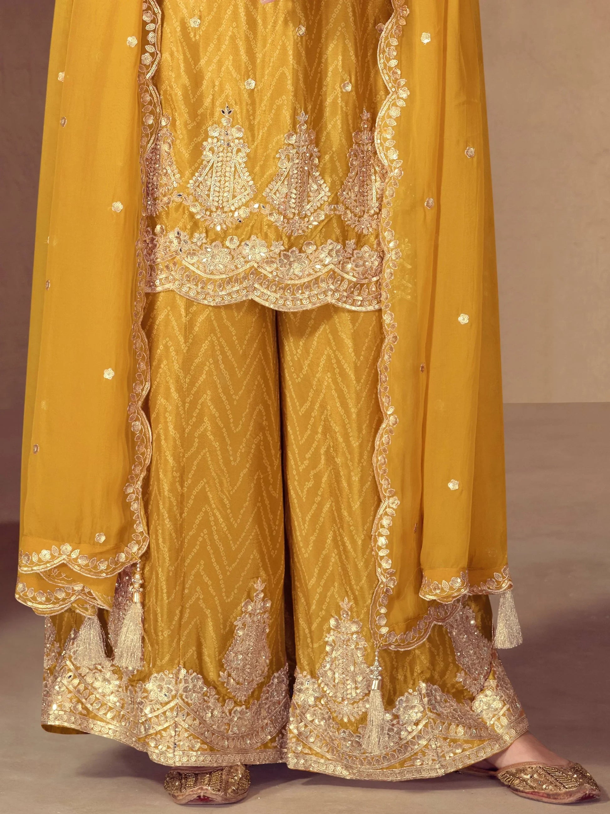 Stunning Yellow Thread Work Chinon Haldi Wear Palazzo Suit With Dupatta - Zeel Clothing