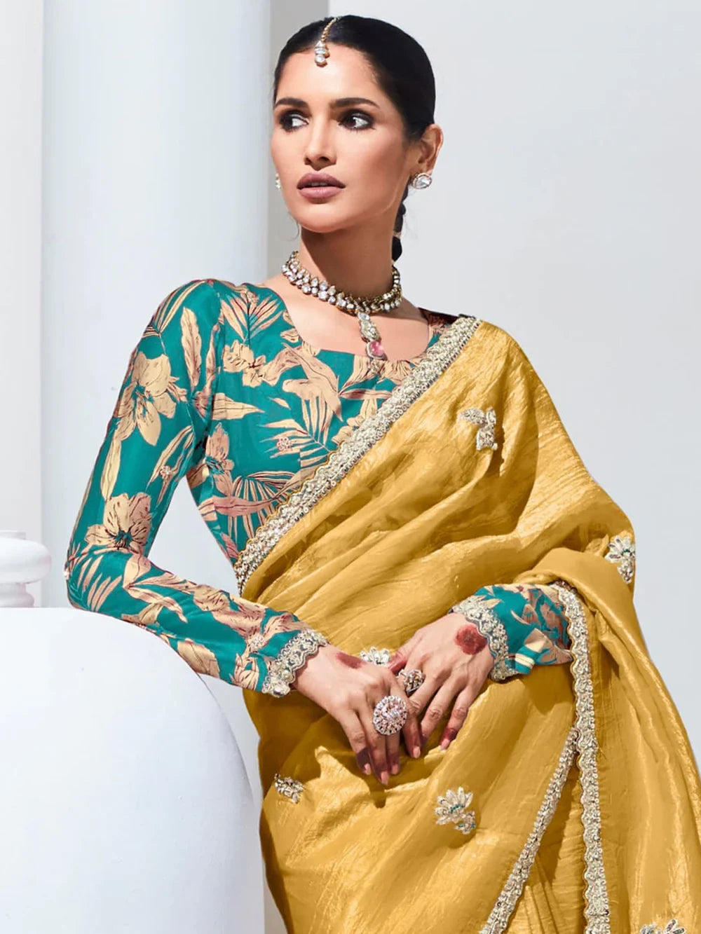 Stunning Yellow Thread Work Organza Festival Wear Saree With Blouse - Zeel Clothing
