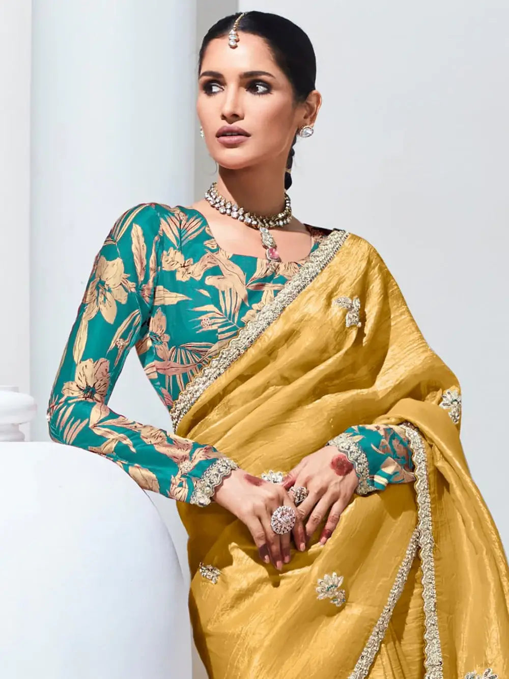 Stunning Yellow Thread Work Organza Festival Wear Saree With Blouse - Zeel Clothing