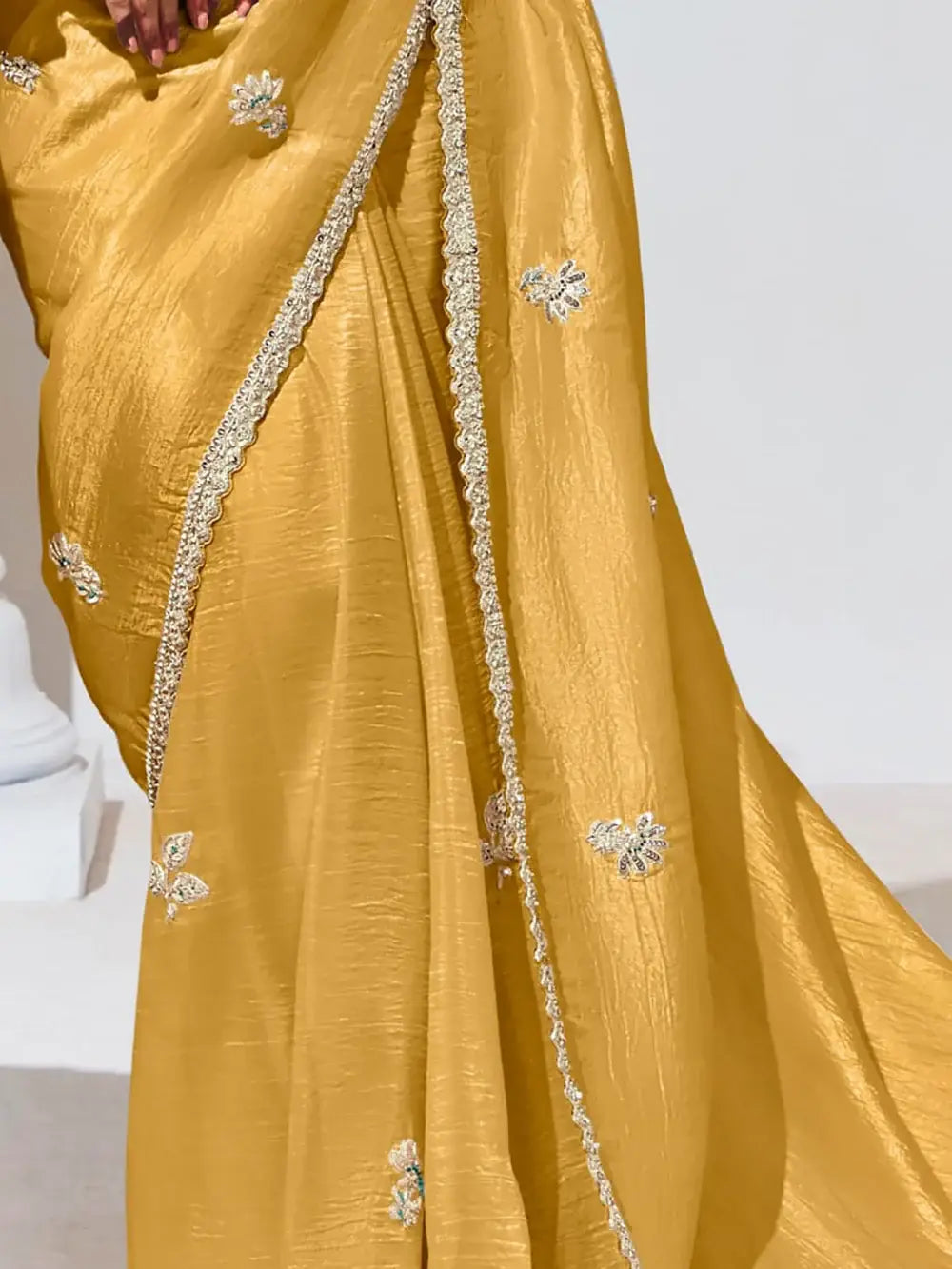Stunning Yellow Thread Work Organza Festival Wear Saree With Blouse - Zeel Clothing