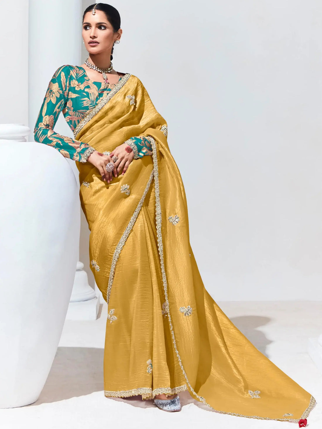 Stunning Yellow Thread Work Organza Festival Wear Saree With Blouse - Zeel Clothing