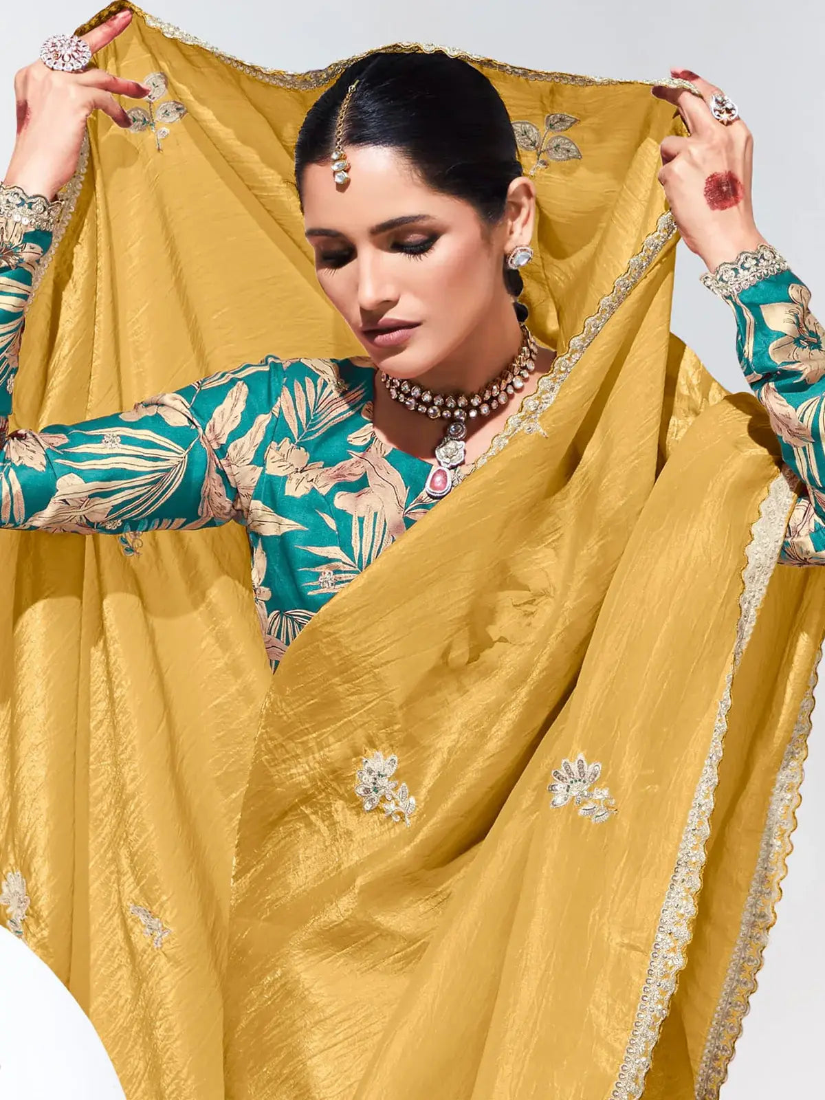 Stunning Yellow Thread Work Organza Festival Wear Saree With Blouse - Zeel Clothing