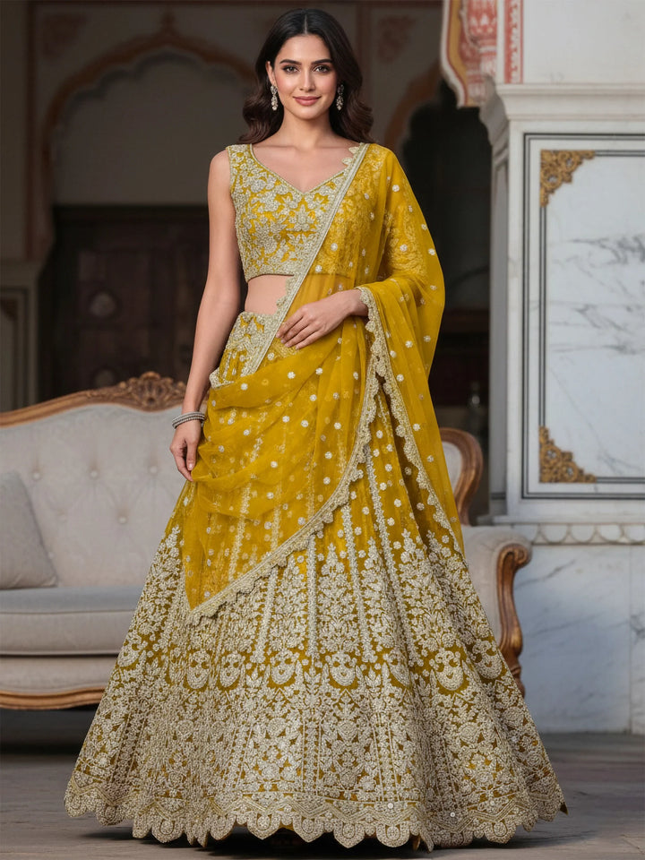 Stunning Yellow Zari Embroidery Net Haldi Wear Lehenga Choli With Dupatta