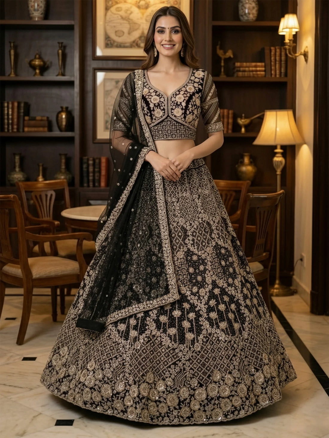Stupendous Black Thread Embroidered Net Party Wear Lehenga Choli With Dupatta