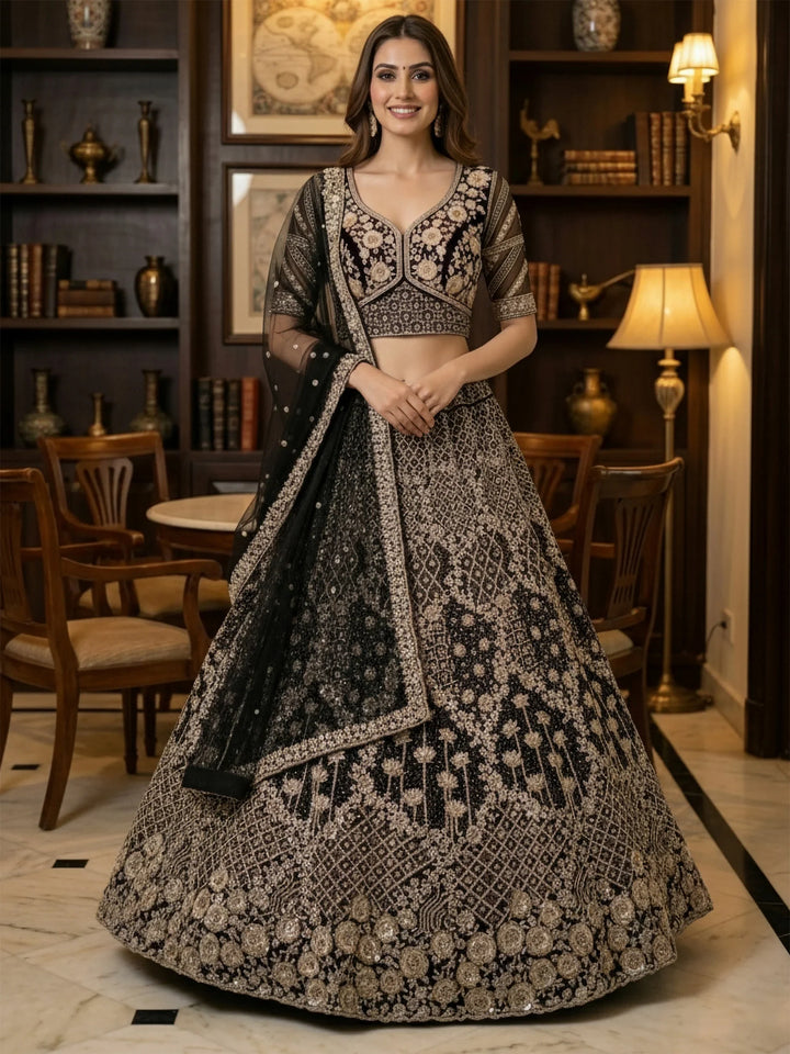 Stupendous Black Thread Embroidered Net Party Wear Lehenga Choli With Dupatta