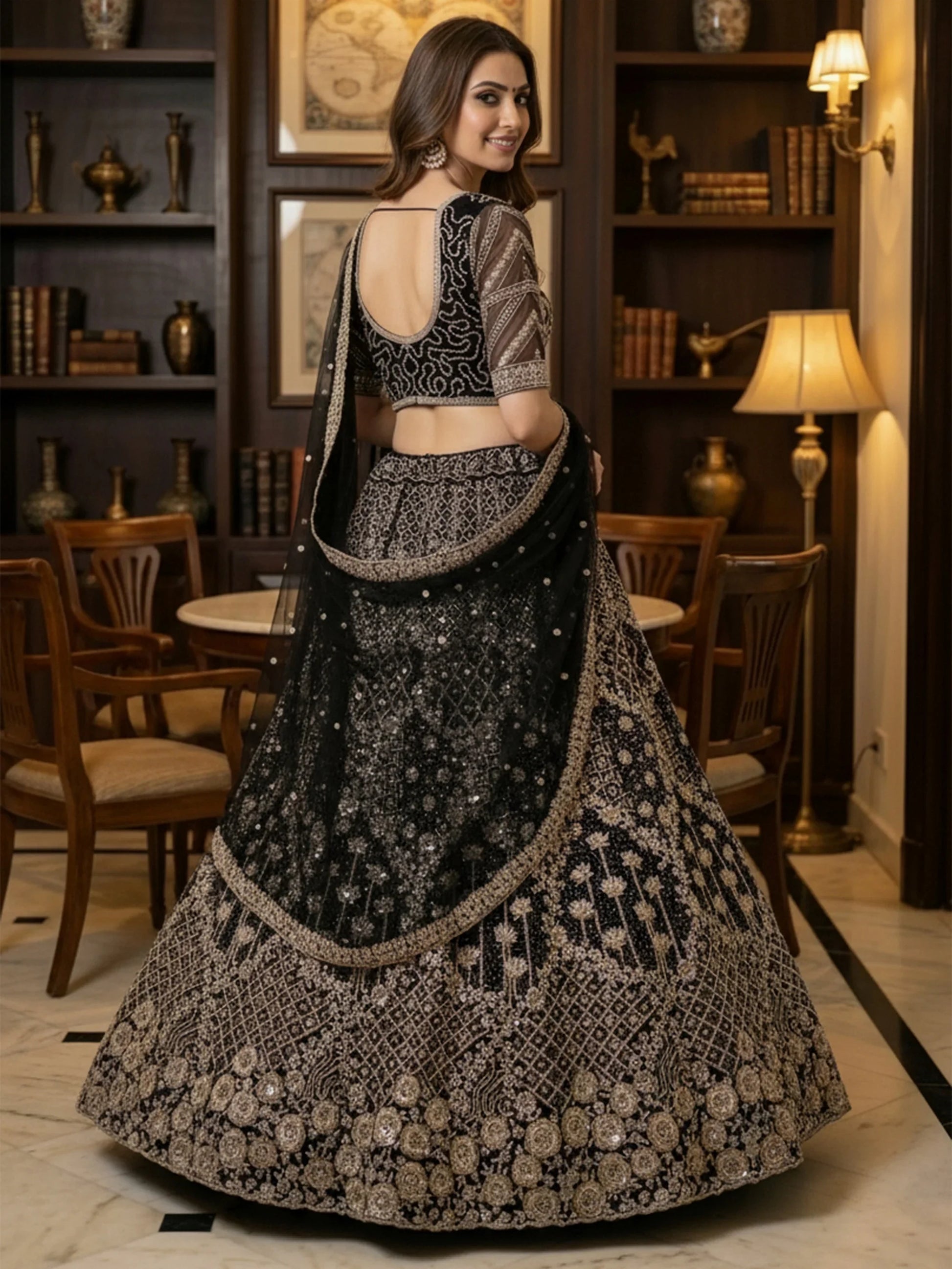 Stupendous Black Thread Embroidered Net Party Wear Lehenga Choli With Dupatta